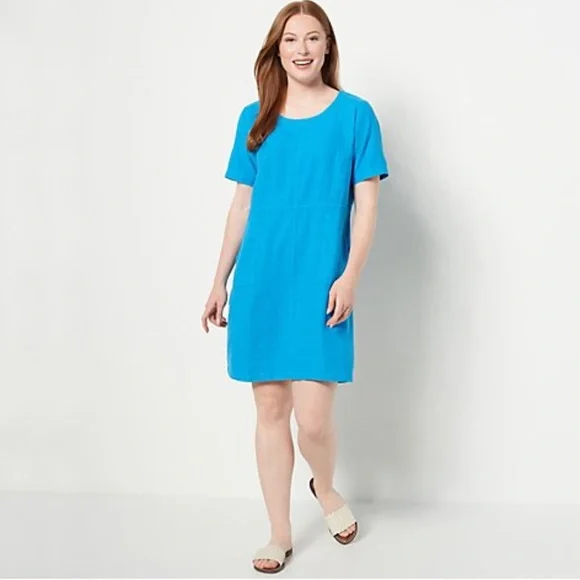 Denim & Co. Naturals Linen Blend Pieced TeeDress w/Pockets, Size 1X, Deep Aqua Blue Denim & Co. Naturals Linen Blend Pieced TeeDress w/Pockets, Size 1X, Deep Aqua Blue